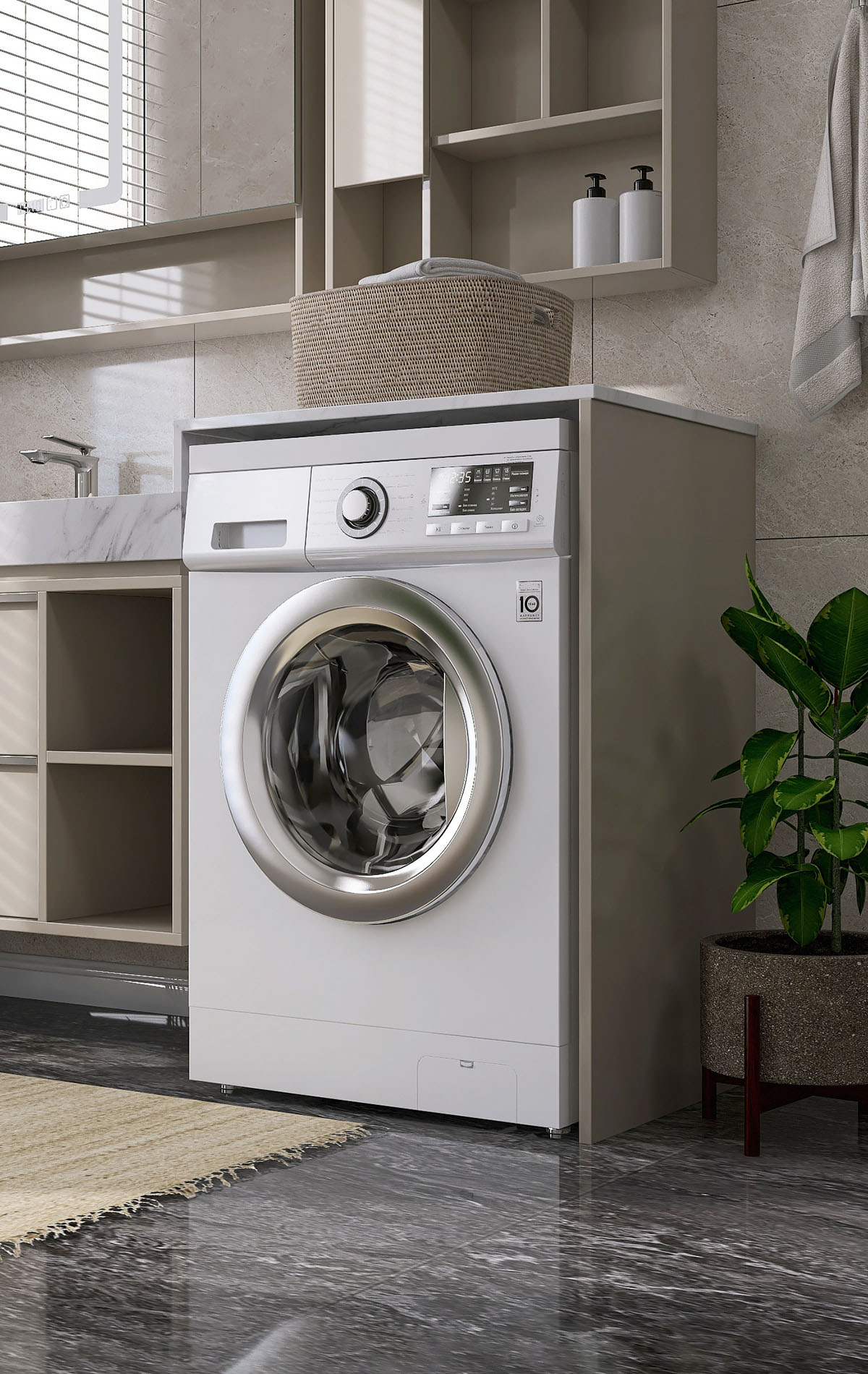 Modern interior design of laundry room with beige counter, cabin Discount Washer and Dryer Wilkes NC